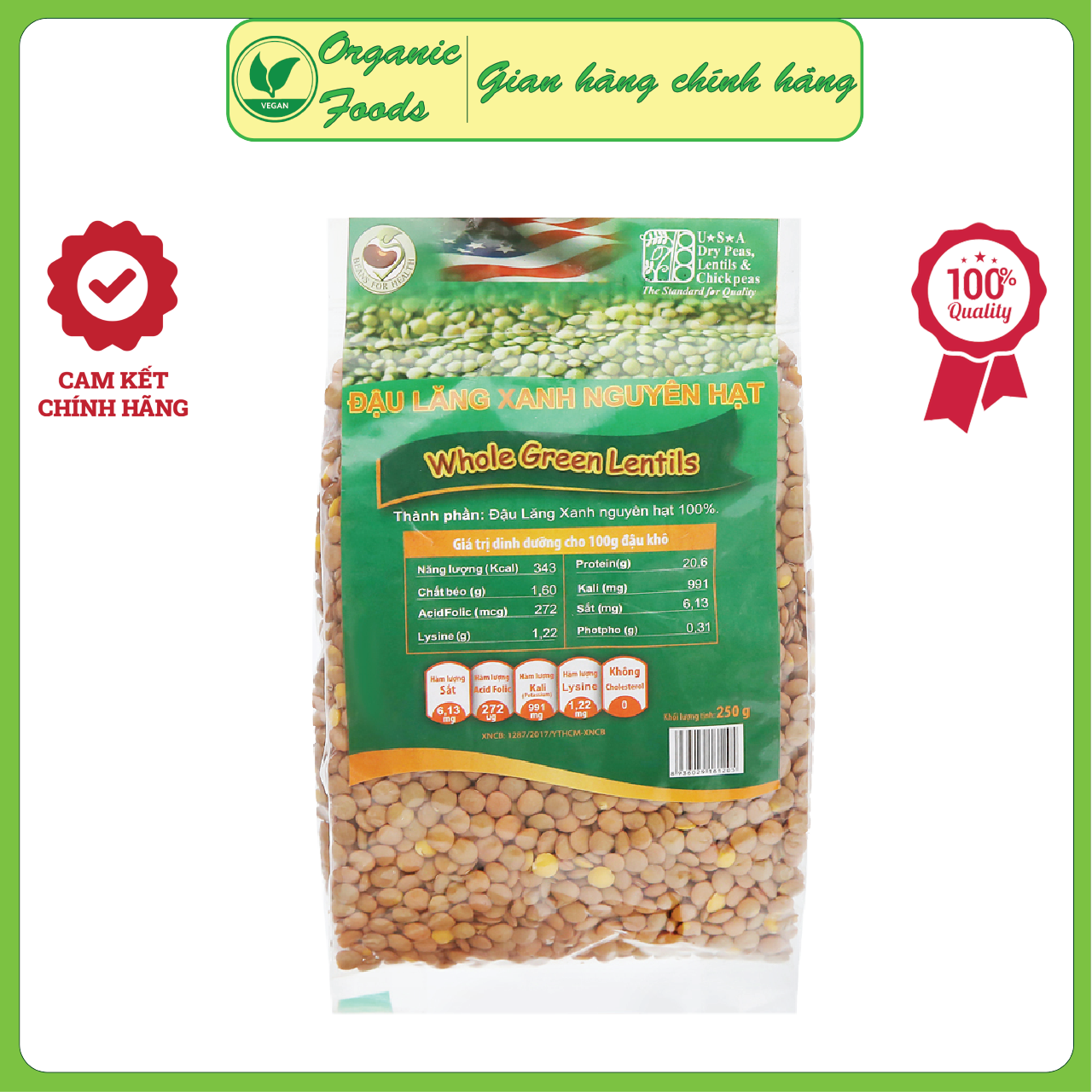 Đậu Lăng Xanh Hữu Cơ - Phù Hợp Cho Thực Đơn KETO Giảm Cân - 250gr - Organic Green Lentils