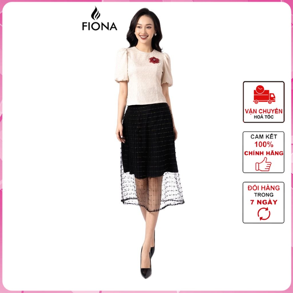 Chân váy dáng dài FIONA, chân váy công sở cao cấp, chân váy midi xếp ly, lưới phối sợi kim tuyến F250733