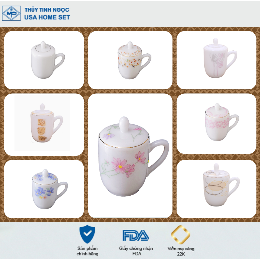 Ca trà các mẫu hoa văn viền vàng 22K Thủy Tinh Ngọc USA Home Set cao cấp bền đẹp, hàng nhập khẩu và phân phối độc quyền tại Việt Nam