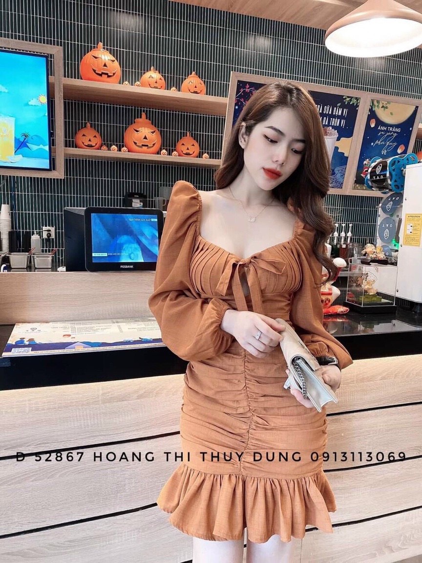 [ Voucher 50k Freeship Max 0 đồng toàn quốc ]ĐẦM TIỂU THƯ NỮ BO CHUN TOÀN THÂN XÒE ĐUÔI CÁ ÁO TAY PHỒNG DÀI CỘT DÂY NƠ TRƯỚC NGỰC SANG CHẢNH, KÈM ẢNH THẬT