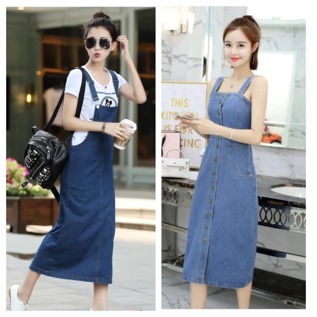 Đầm yếm jean suông nẹp viên phối túi ko kèm áo thun nt1163