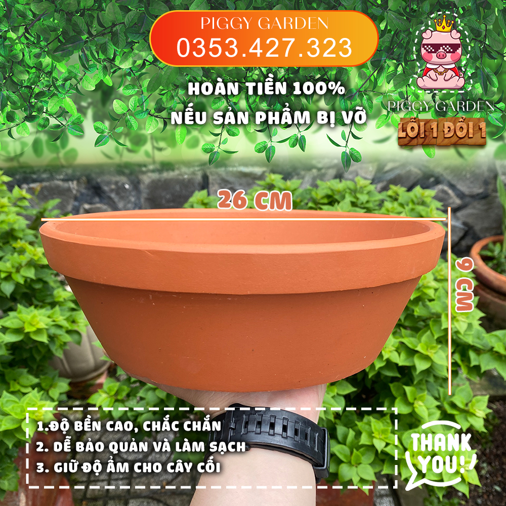 Chậu đất nung - Chậu trồng sen đá, xương rồng - Chậu thau lớn miệng 26cm, cao 9cm