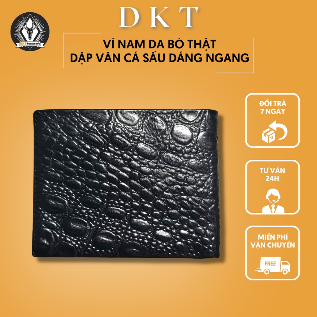 Ví da nam cefiro da bò dập vân cá sấu dáng ngang màu đen cao cấp 9*12cm