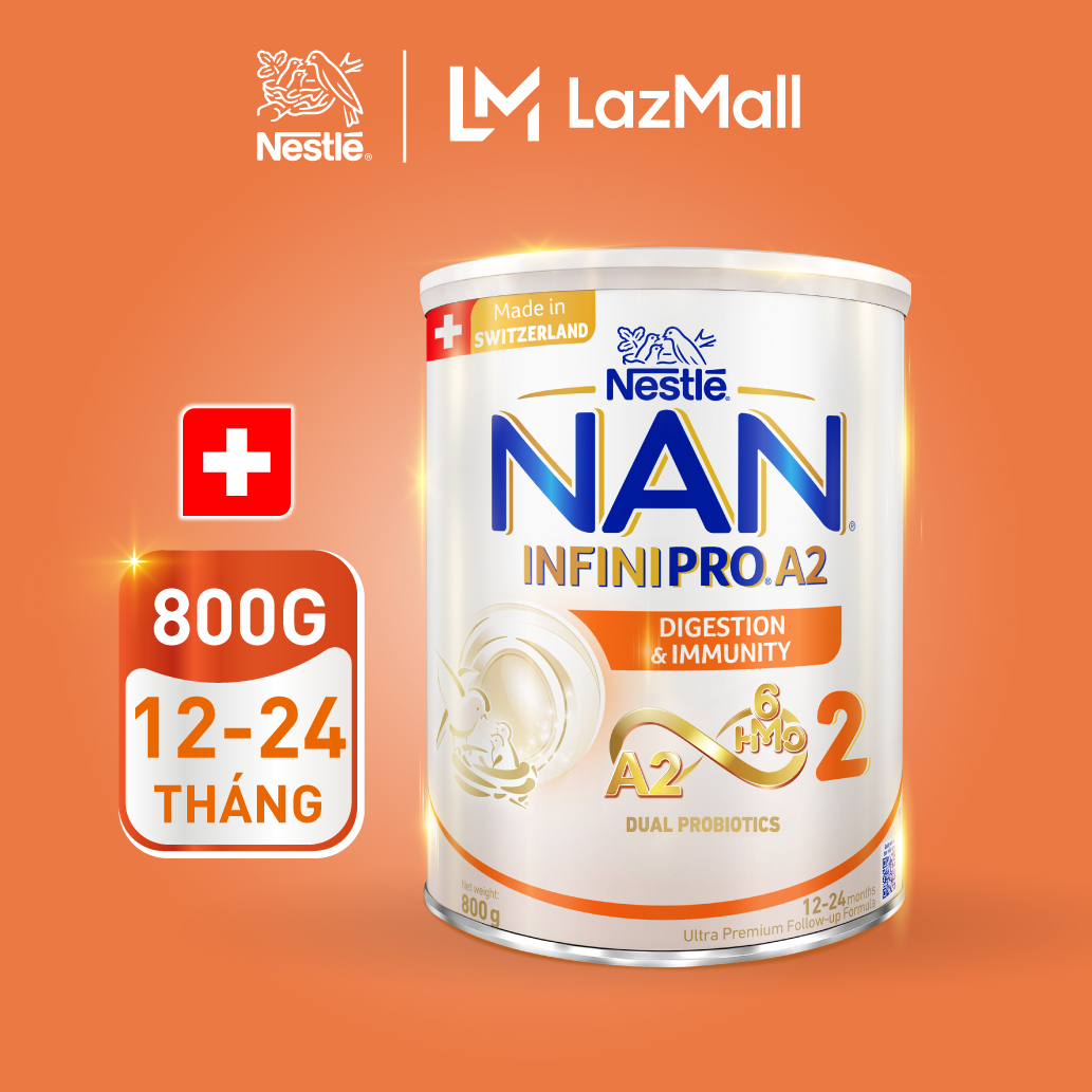 Sữa bột Nestlé NAN INFINIPRO A2 bước 2 800g nhập khẩu Thụy Sĩ với công thức đầu tiên chứa đạm A2, 6H