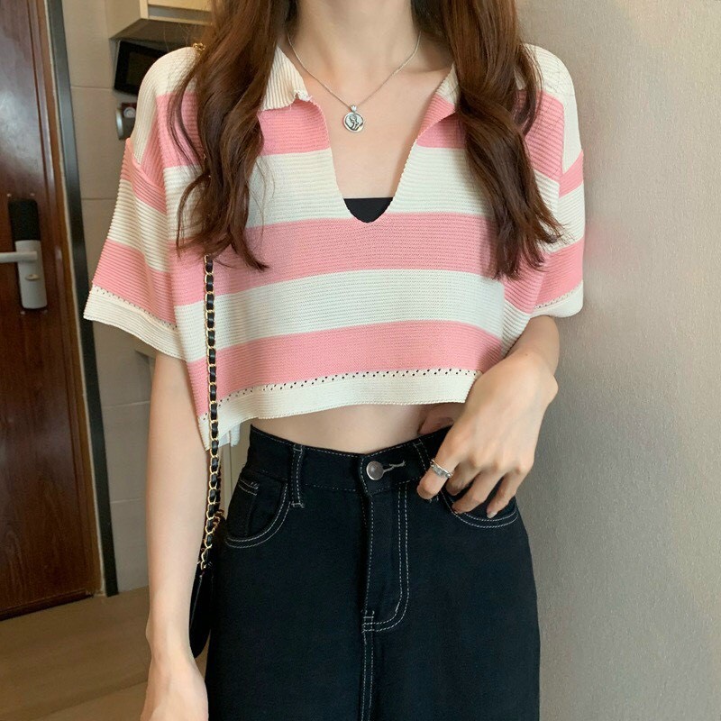 Hcm][Free Ship] Áo Len Croptop Tay Ngắn Cổ Bẻ Phối Sọc Hai Màu Lên Form Trẻ  Trung Xinh Xắn Hàng Qccc Bao Chất Xịn Xò🌸❤️⭐️😜❤️🌸Sa035 | Lazada.Vn