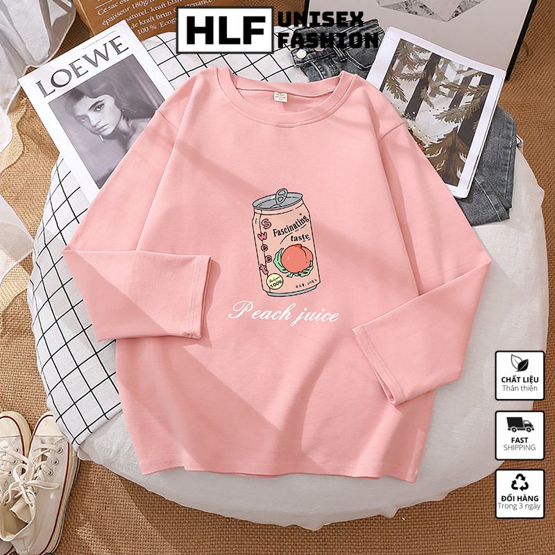 Áo thun dài tay form xuông rộng trà đào, áo thu đông nữ HLFashion