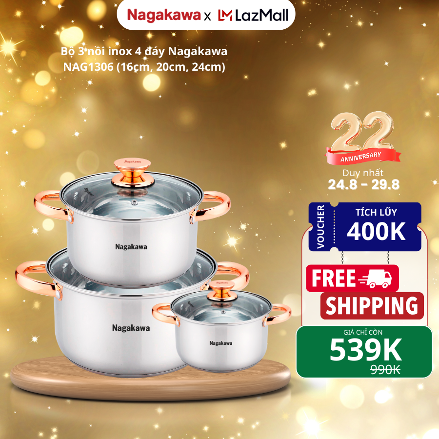 Bộ nồi inox Nagakawa NAG1306, 4 đáy từ, 3 kích thước 16cm, 20cm, 24cm, vung kính cường lực, quai mạ vàng, dùng trên mọi loại bếp