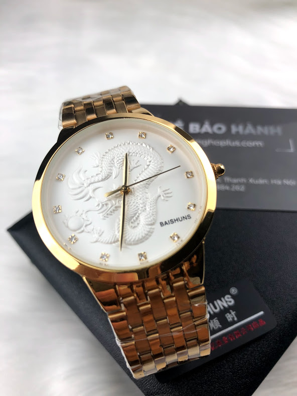 Đồng hồ nam dây vàng mặt rồng in 3D điểm đá sang trọng, chống nước, chống xước