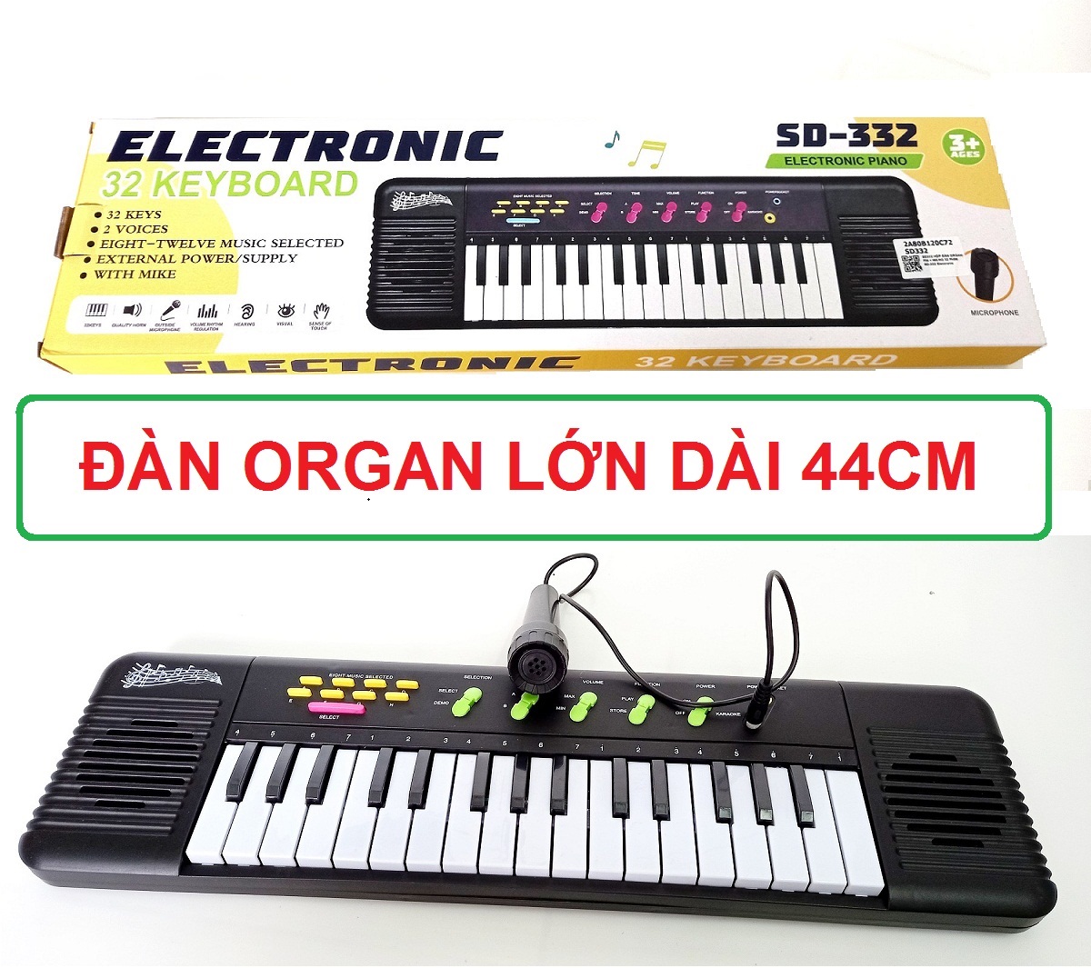 Đàn organ cho bé loại lớn dài 44cm có micro kèm theo, âm thanh to rõ, đàn organ điện tử, đàn piano cho bé yêu