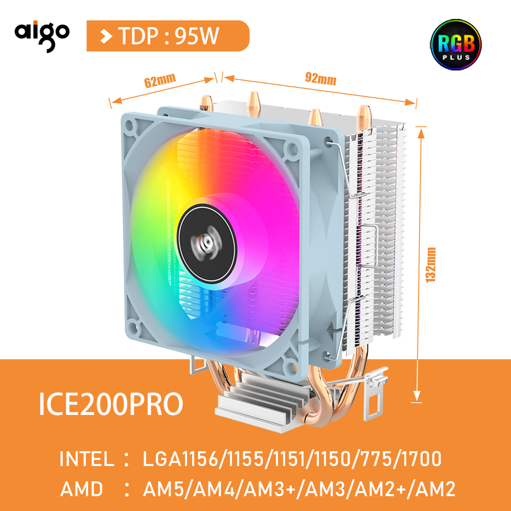 Aigo ICE200 Quạt Làm Mát Không Khí CPU 2 Ống Dẫn Nhiệt 90Mm 280W 3 Chân 5V Bộ Làm Mát CPU Máy Tính Cho Intel LGA 1200/2011/115X Và AMD AM3 AM4