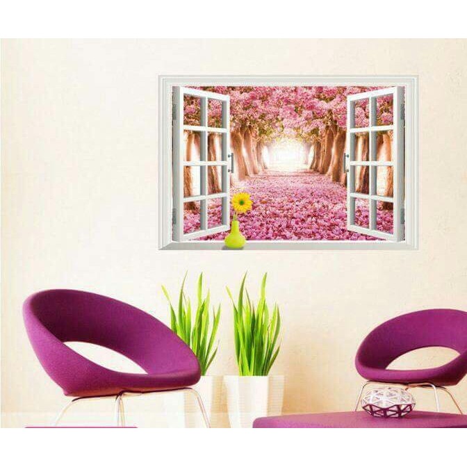 Decal dán tường Khung cửa hoa đào - tranh dán tường giấy dán tường 3D hình khung cửa sổ hoa đào lãng mạn