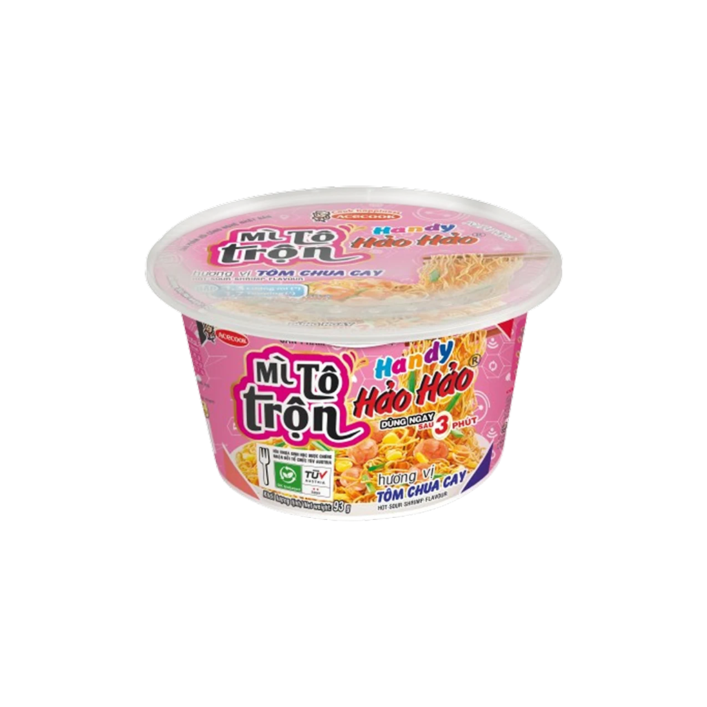 Box of 12 Bowls of Handy Hao Hao Mixed Noodles with Spicy and Sour Shrimp Flavor 93g
