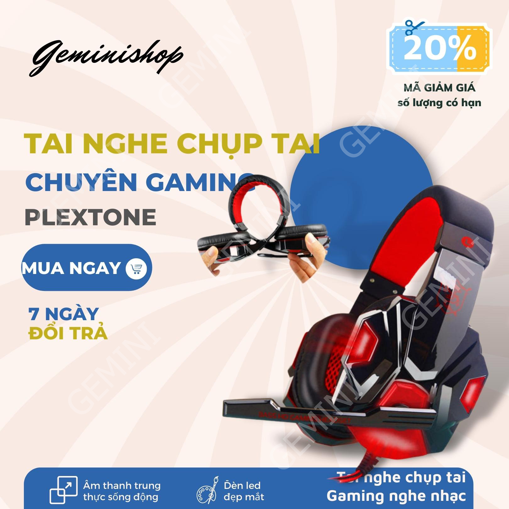 Tai nghe chuyên game thủ Plextone PC780 - đèn LED - Có Mic - Headphone gaming