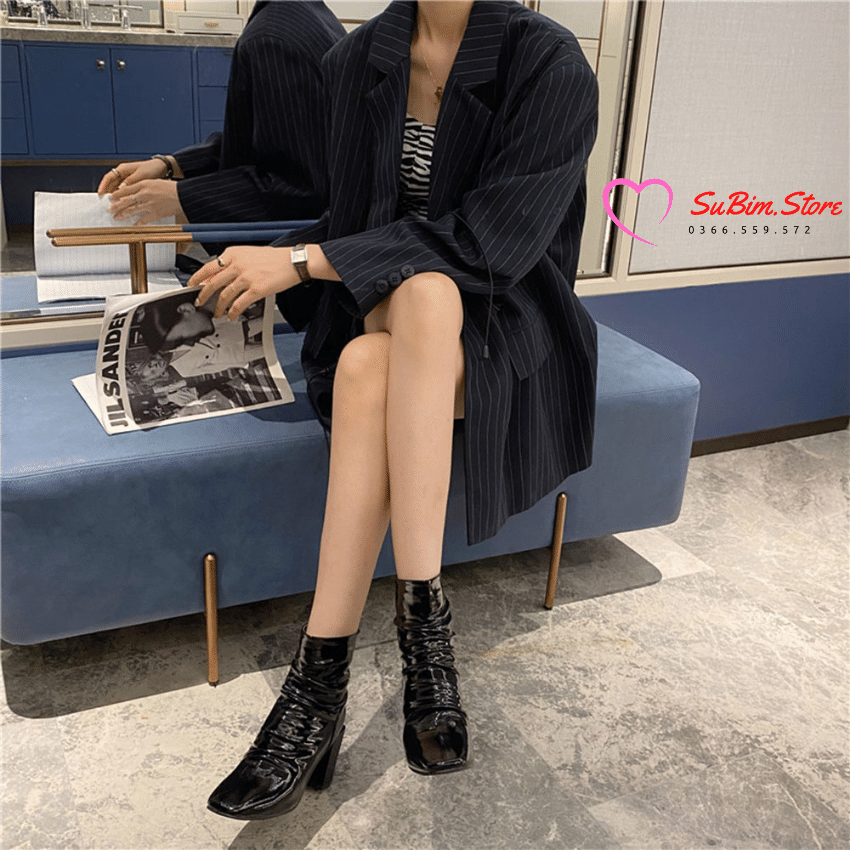 Bốt Nhăn Nữ Dáng Lửng Da Bóng Gót Vuông 7p  Siêu Sang– SuBim.Store – Gót vuông 7p, bên trong lót lông