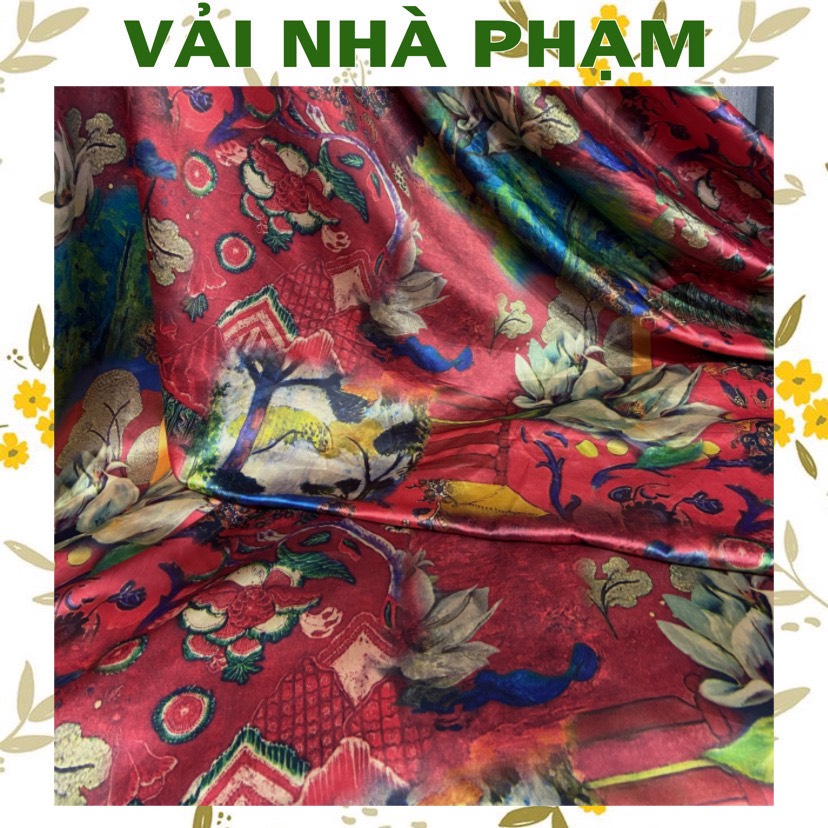Vải phi lụa nâu họa tiết hoa trắng nền đỏ huyết-khổ 1.5m-vải nhà phạm