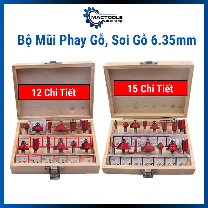 Hộp mũi phay gỗ, soi gỗ 12 chi tiết/15 chi tiết 6.35mm dùng khắc, trạm trổ độ chính xác cao