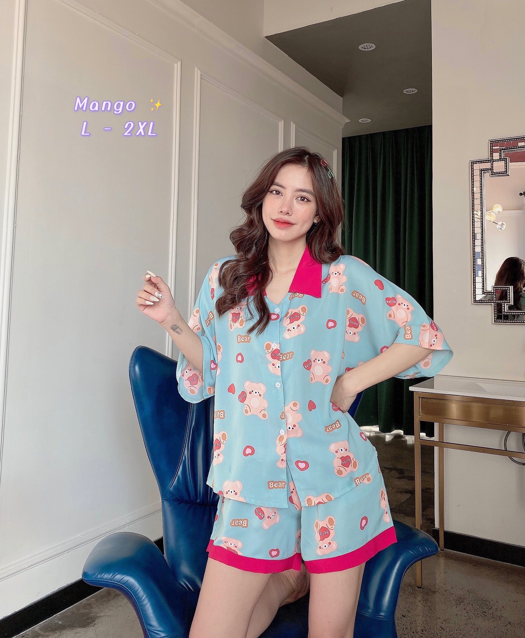 Giảm Bộ Pijama Lụa Mango tay dơi Đồ ngủ đùi Bigsize 40 - 80kg cao cấp Mango mềm mịn mát lịm dễ thương mặc thoả mái