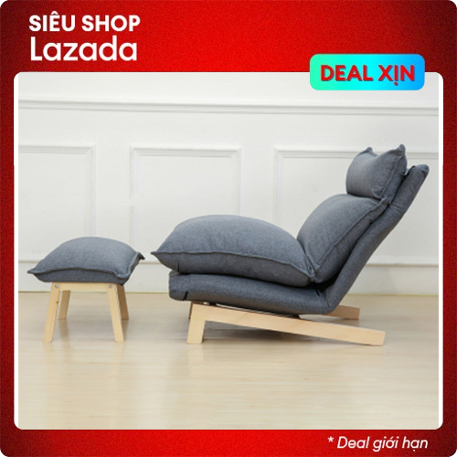 Ghế thư giãn ngả lưng tiện lợi có gác chân, ghế sofa lười kèm đôn để chân, ghế đọc sách khung gỗ đệm vải, sofa lười cao cấp gsf006