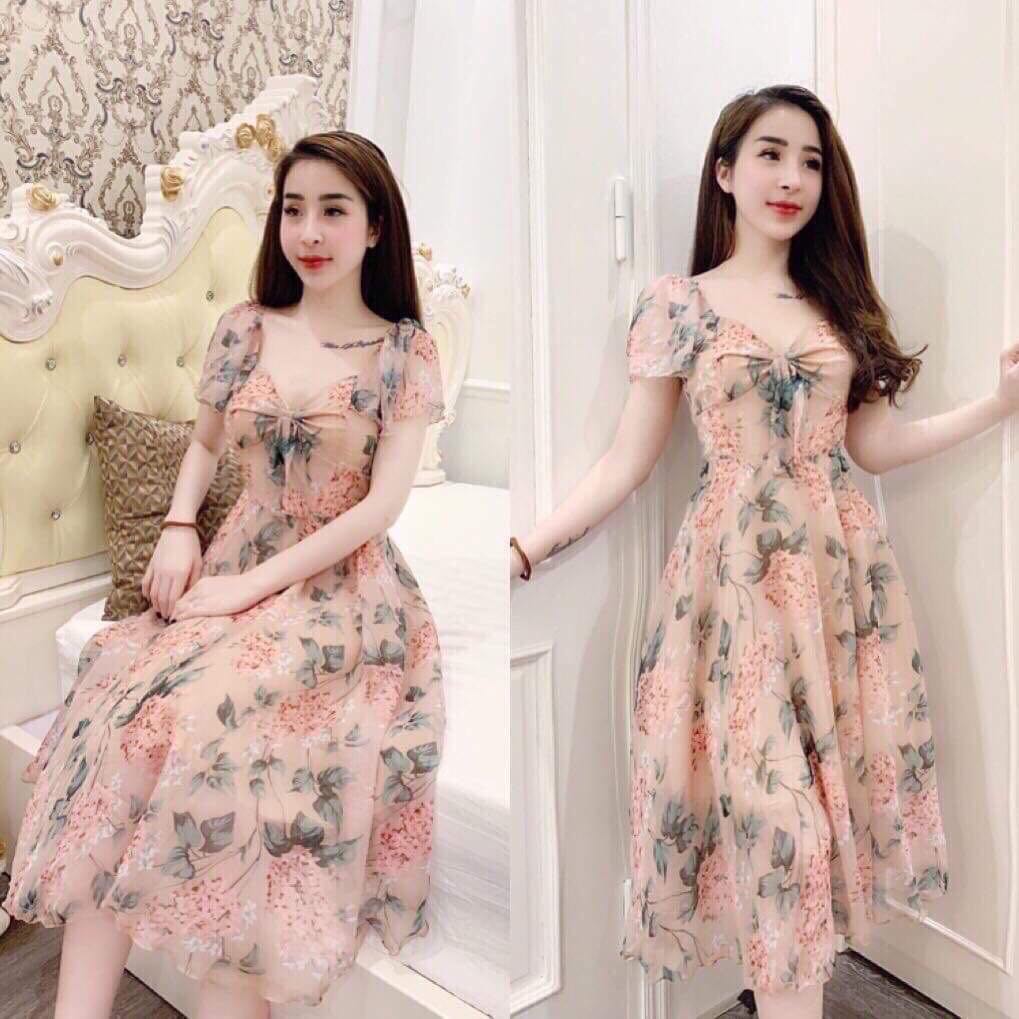Đầm Váy Nữ Chất Lụa Họa Tiết Hoa Lá Thiết Kế Sang Chảnh Đi Làm Công Sở, Đi Chơi Du Lịch Cực Xinh Đẹp Beta Fashion, Free Size (40-55) Ký Mặc Vừa Nha