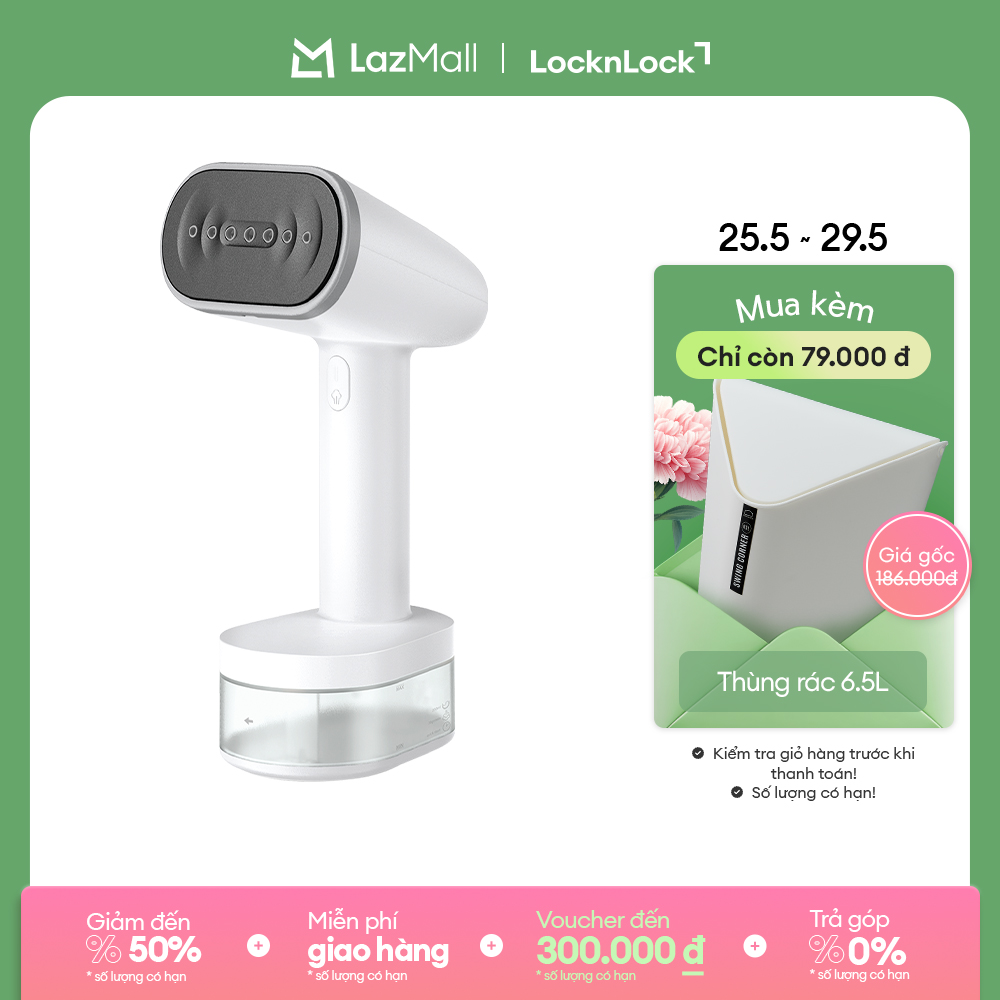ENI223WHT - Bàn ủi hơi nước cầm tay LockLock - Làm nóng nhanh 30s, Mặt là sứ an toàn, 2 đầu chải đi kèm, tự làm sạch - BH 2 năm