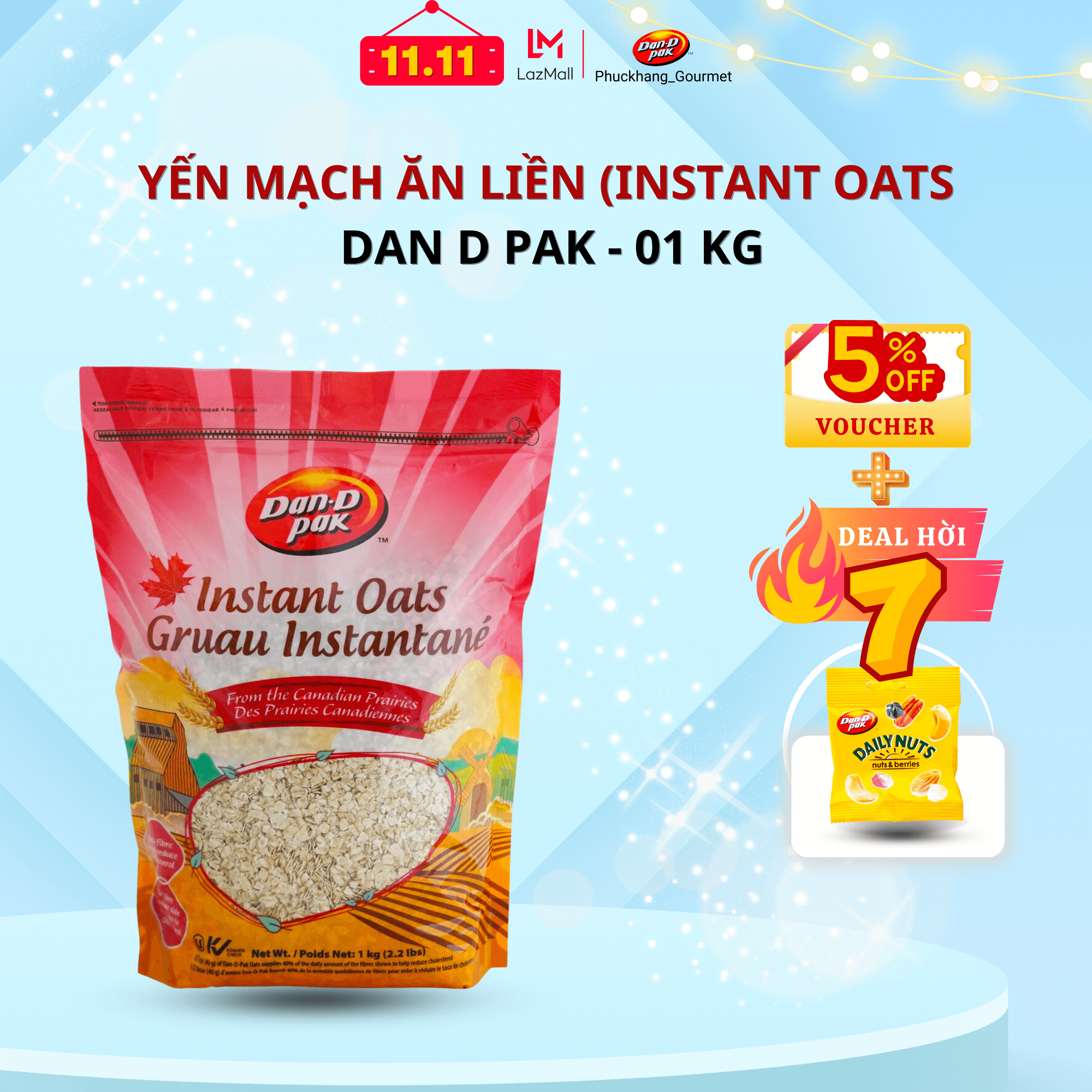 YẾN MẠCH ĂN LIỀN  (INSTANT OATS) 1KG DAN D PAK, tiêu chuẩn quốc tế, phù hợp với ăn kiêng, tốt cho sức khoẻ