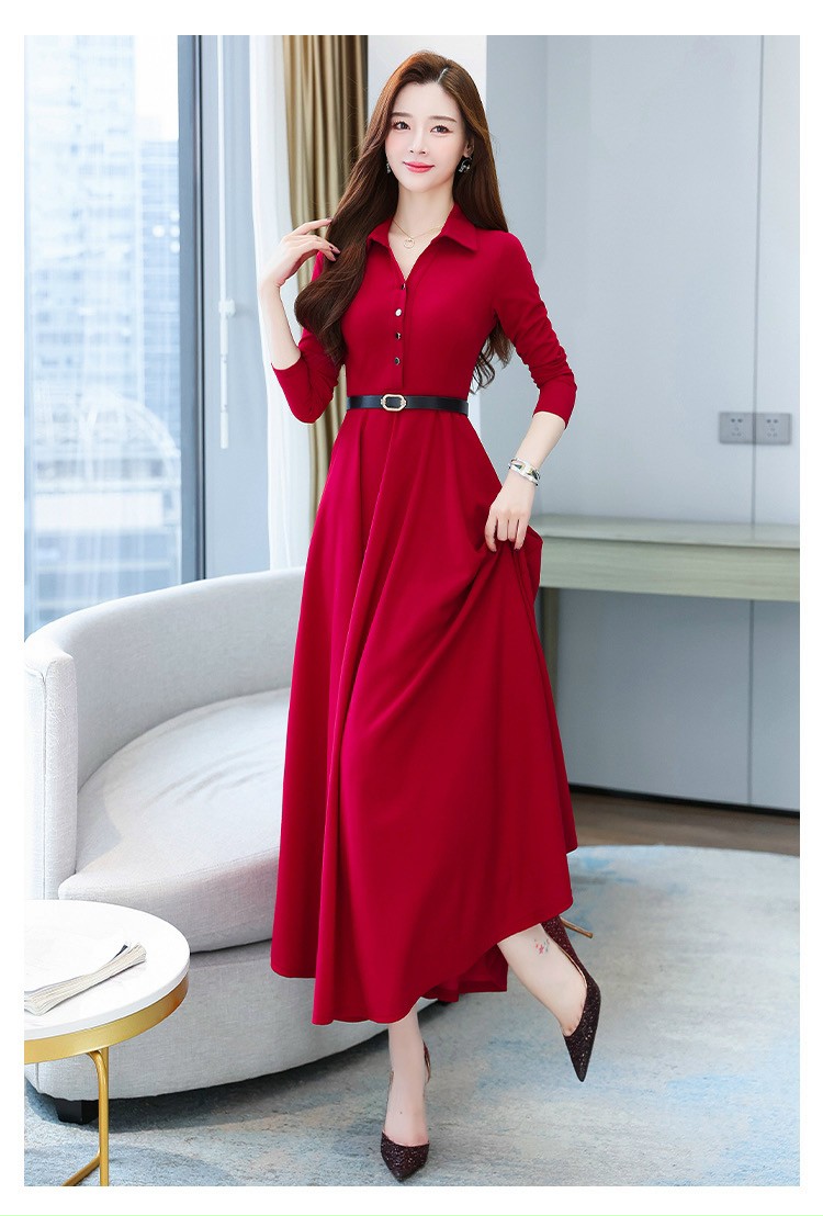 Đầm Xoè Dáng Dài Cổ Sơ Mi Kèm Nịt Cao Cấp - Glady G98 - Đầm Xoè Dáng Dài Kèm Belt Phong Cách Thanh L