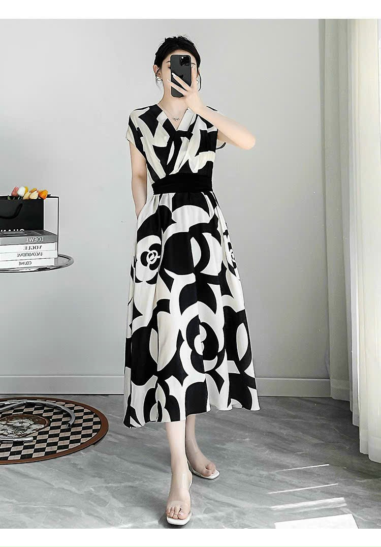 Đầm lụa hoạ tiết phối nơ chiết eo cao cấp - glady g266 - đầm xoè dáng dài chất lụa 2 lớp mềm mịn phù hợp mọi hoàn cảnh