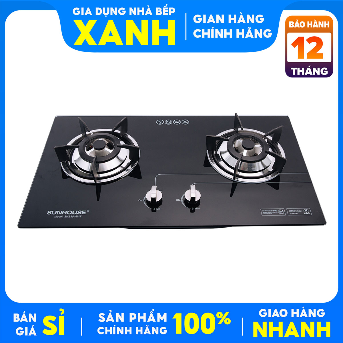 Bếp gas âm đôi Sunhouse SHB5546MT- hàng trưng bày+Tặng Dây gas,  đánh lửa IC nhạy bén, có 1 đầu hâm tiện dụng. bảo hành chính hãng