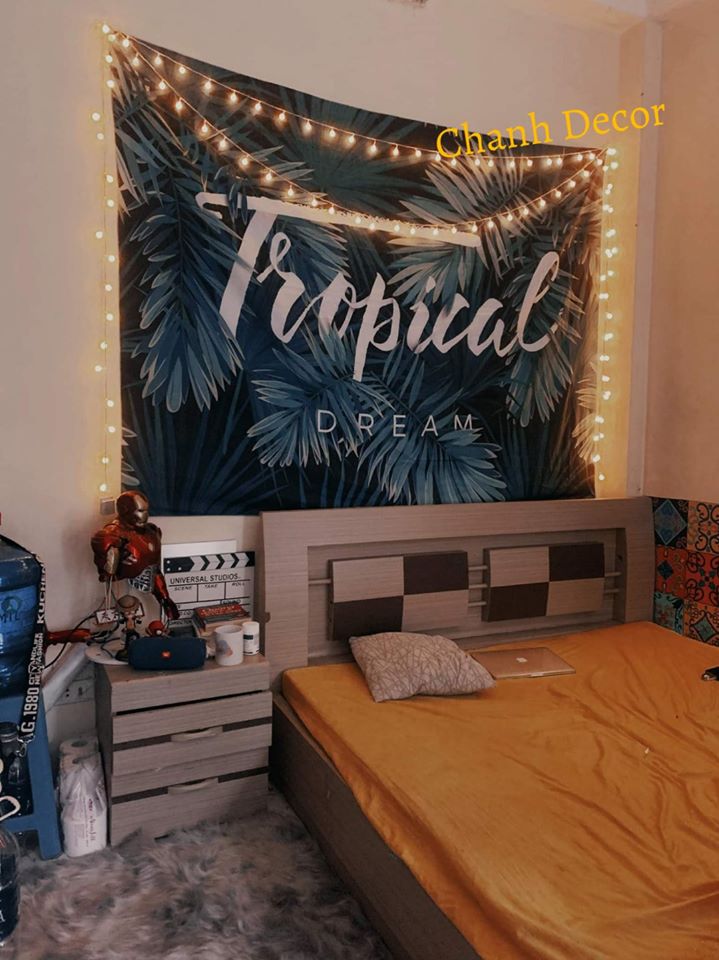 Tranh vải, thảm vải treo tường tropical, màu xanh tươi mát, vải polyester, nhẹ, dễ vệ sinh, bền màu; trang trí tường phòng ngủ, phòng khách, cửa sổ; trang trí quán cà phê, trà sữa, homestay