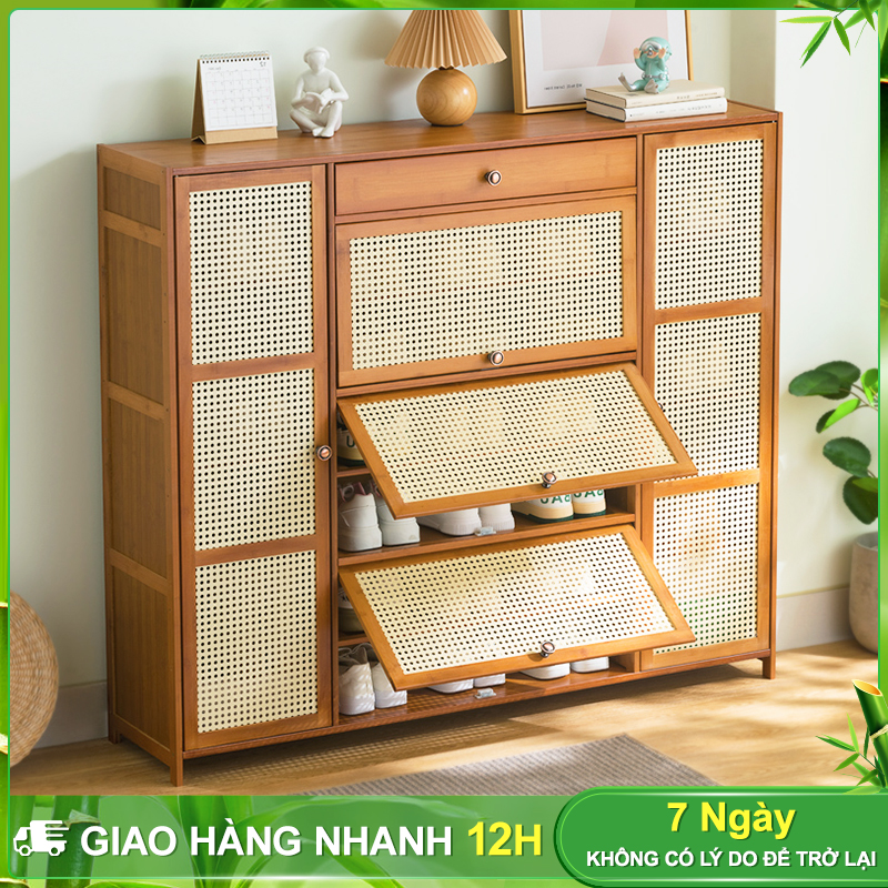 BOHO Tủ giày gỗ tre cửa mây tre đan Vintage Kệ để giày dép Tủ giày thông minh Tủ giày dép phòng khách decor đẹp