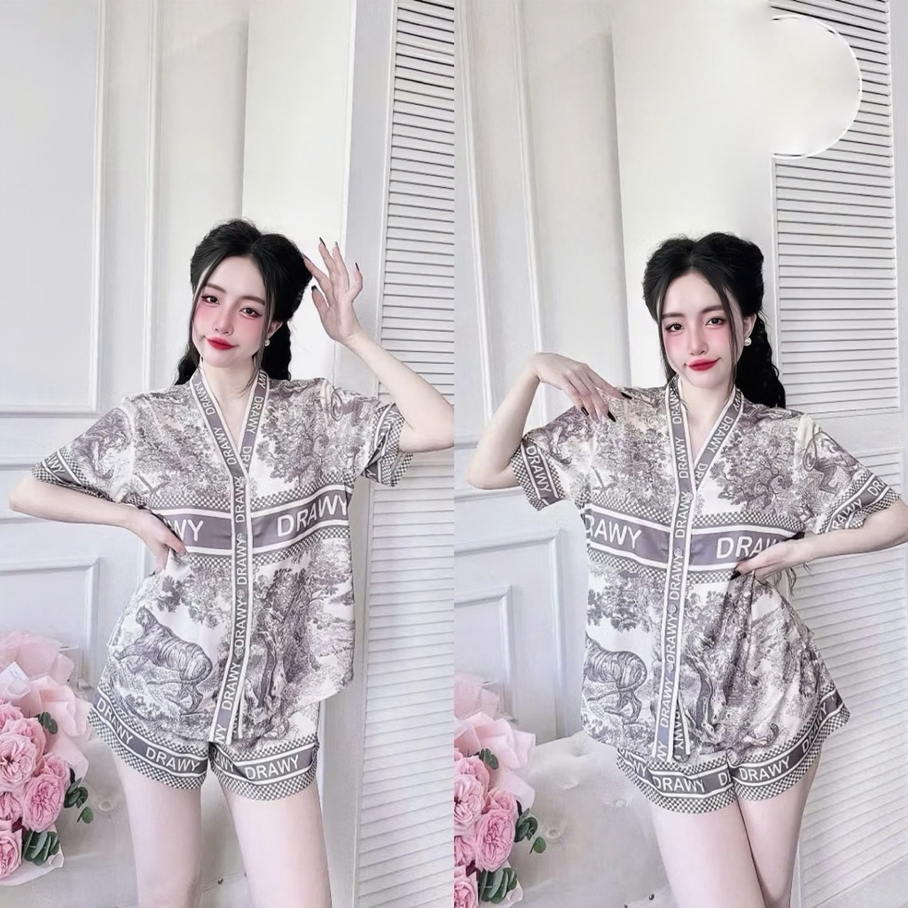  Đồ ngủ nữ pijama mặc nhà set bộ đồ ngủ pyjama AMAKA Lụa Latin cộc tay quần đùi AMKP10 