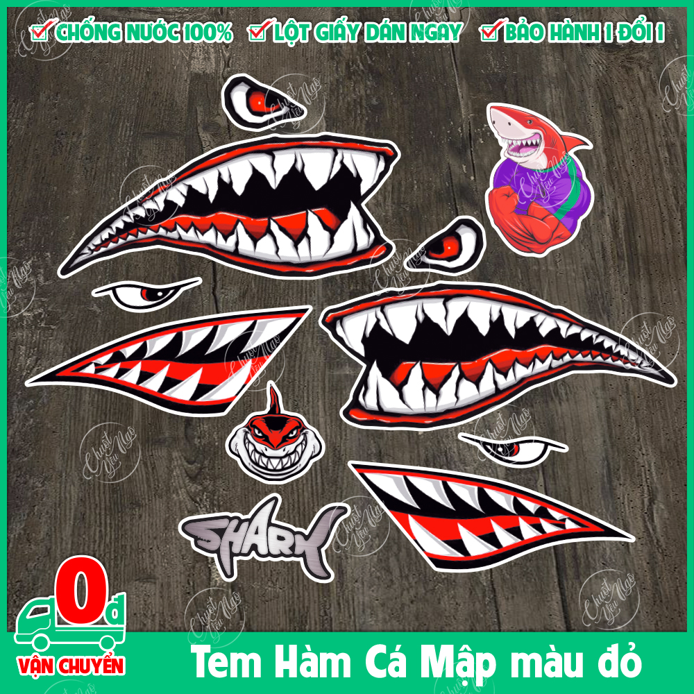 Bộ tem cá mập màu đỏ hình dán decal nhám chống nước trang trí xe máy laptop nón bảo hiểm