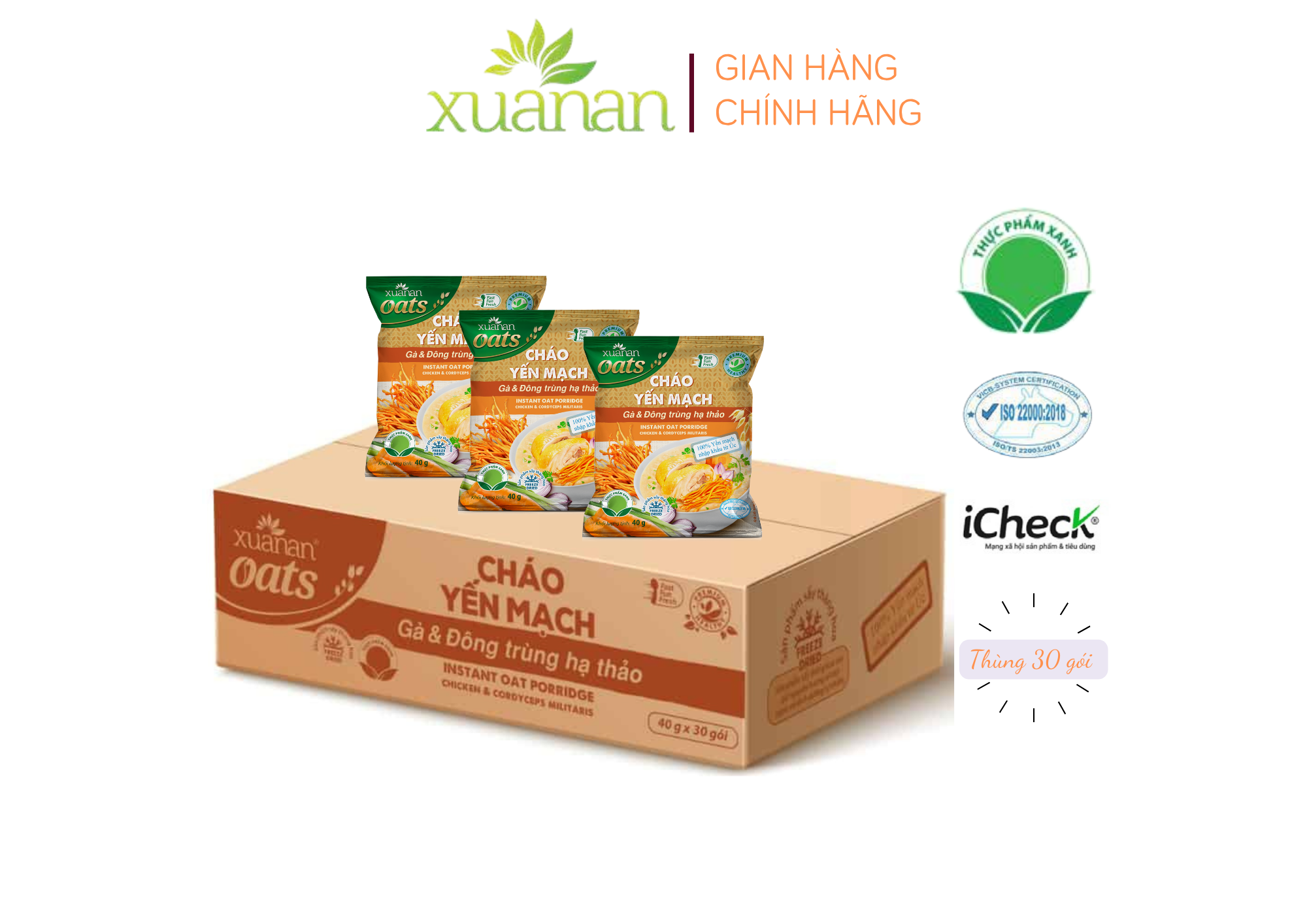 Thùng 30 gói cháo yến mạch thịt gà & đông trùng hạ thảo xuân an gói 40g