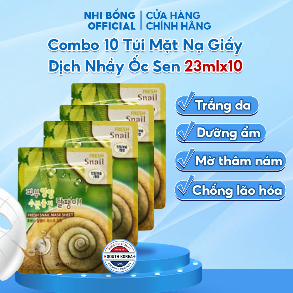 Combo 10 Túi Mặt nạ giấy dưỡng trắng da 3W Clinic Hàn Quốc chiết xuất dịch nhầy ốc sên 23mlx10 Giúp da trắng sáng mềm mịn tự nhiên
