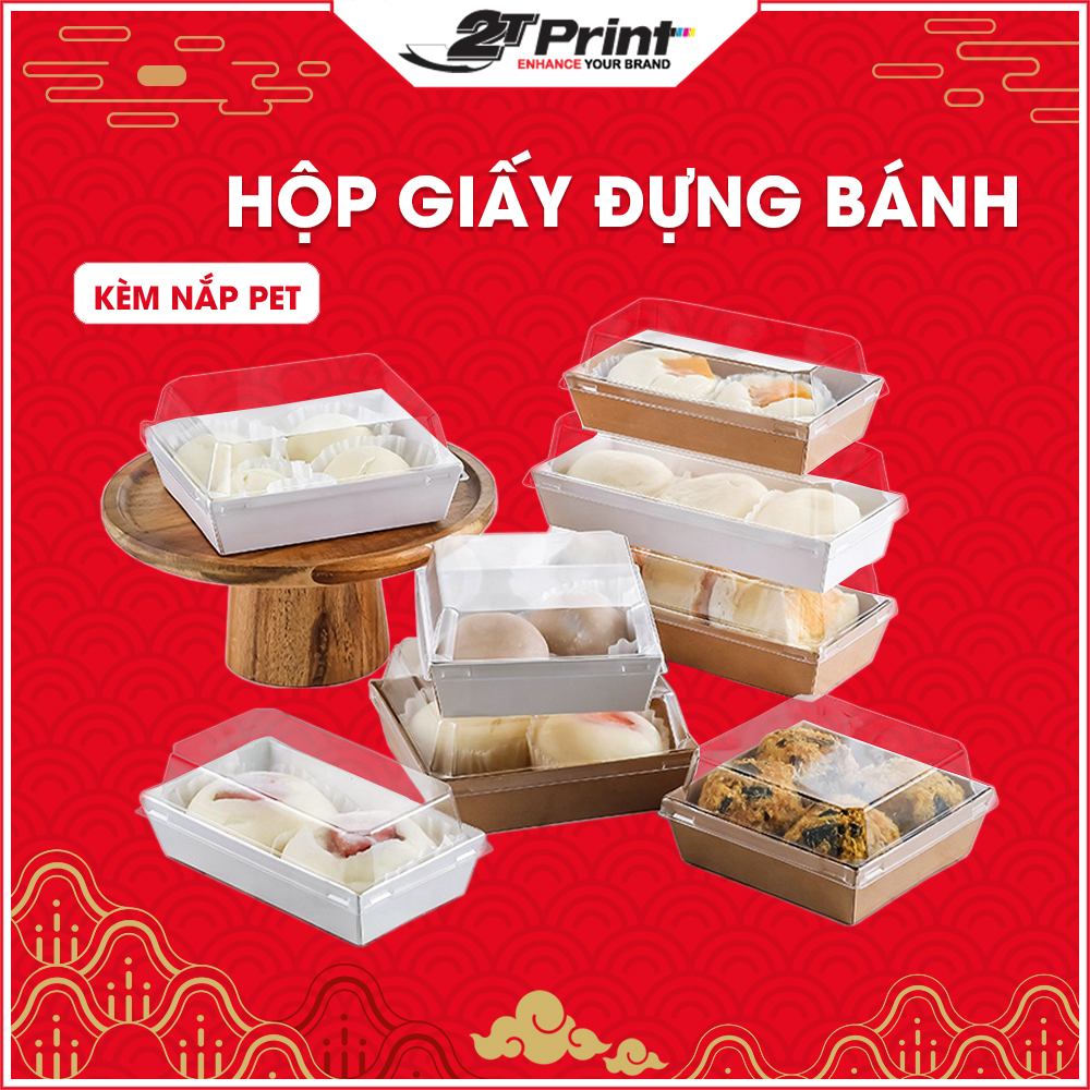 Set 50 Hộp Giấy Đựng Thức Ăn Có Nắp Trong Suốt, Màu Nâu Kraft, Trắng & Gấu Vàng, Dùng Đựng Bánh Mousse, Bánh Kem, Bánh Bao, Cốm