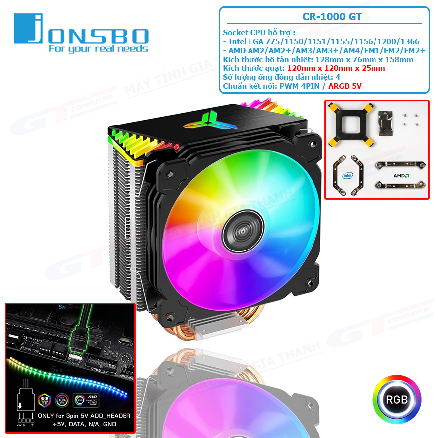 Tản nhiệt cpu jonsbo cr1000gt led argb 5v - tản nhiệt khí cpu 4 ống đồng