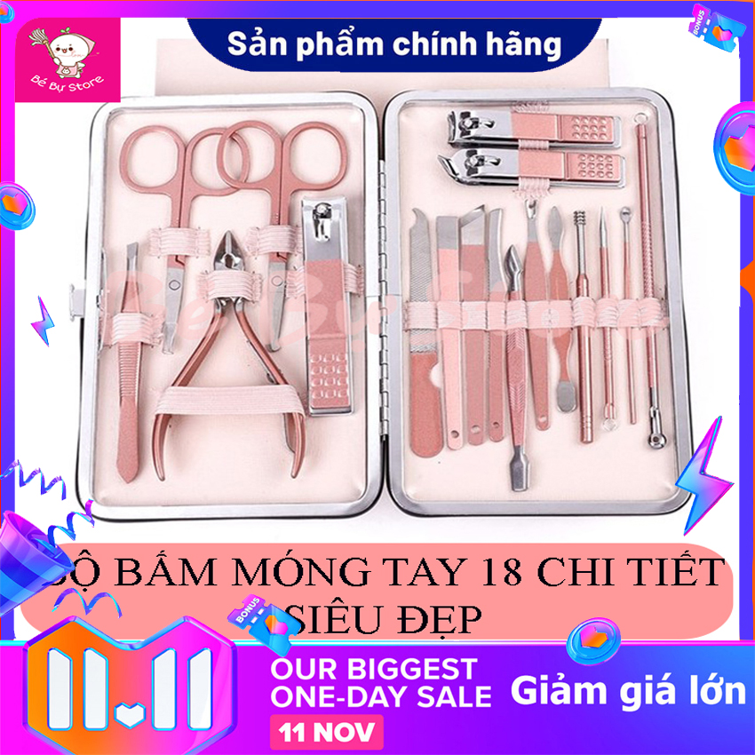 Phụ kiện làm móng - Bộ bấm móng tay 18 món kèm hộp - Bộ cắt, bấm dũa móng tay tiện dụng - Bộ kìm bấm móng tay, móng chân, kéo cắt tỉa lông mày đa năng.
