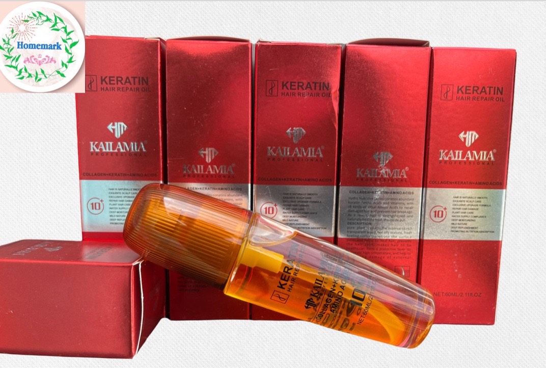 Tinh dầu dưỡng tóc KAILAMIA keratin chai 60ml, cung cấp ẩm và nuôi dưỡng tóc khô sơ chẻ ngọn từ sâu bên trong, giúp tóc chắc khỏe, giũ nếp, chống bám bụi bẩn _ homemark