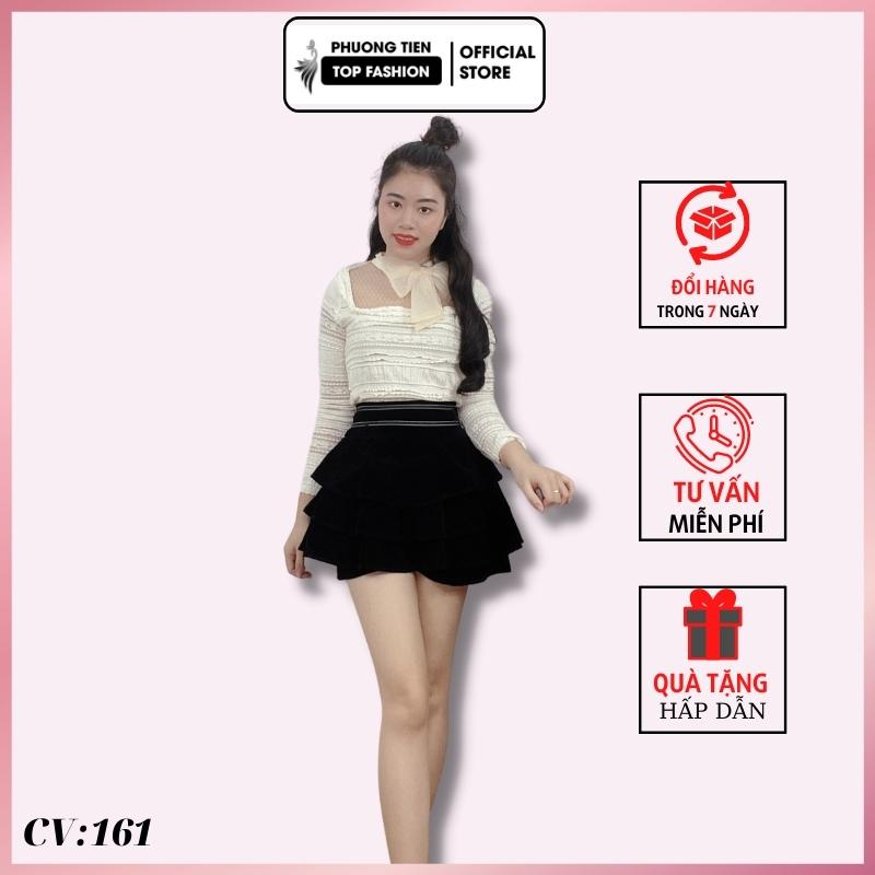 Chân váy nhung Top Fashion chân váy xòe 4 tầng bản cạp to màu Đen 3 size S M L