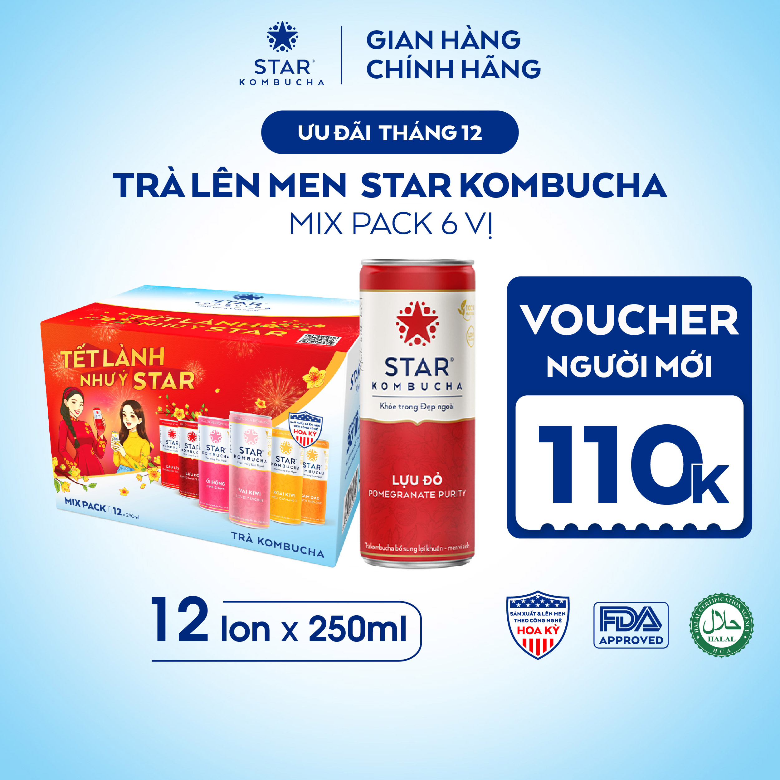  Thùng 12 lon trà lên men STAR KOMBUCHA mix 6 vị Tết  250ml lon  
