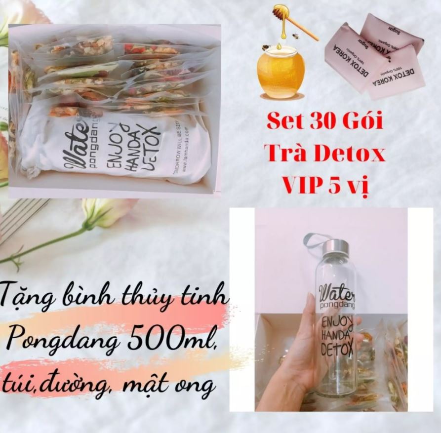 Hoa quả sấy khô set 30 gói trà detox VIP 5 vị, DETOX KOREA tặng bình thủy tinh Pongdang 500ml, túi vải + 3 gói đường + 1 hũ mật ong