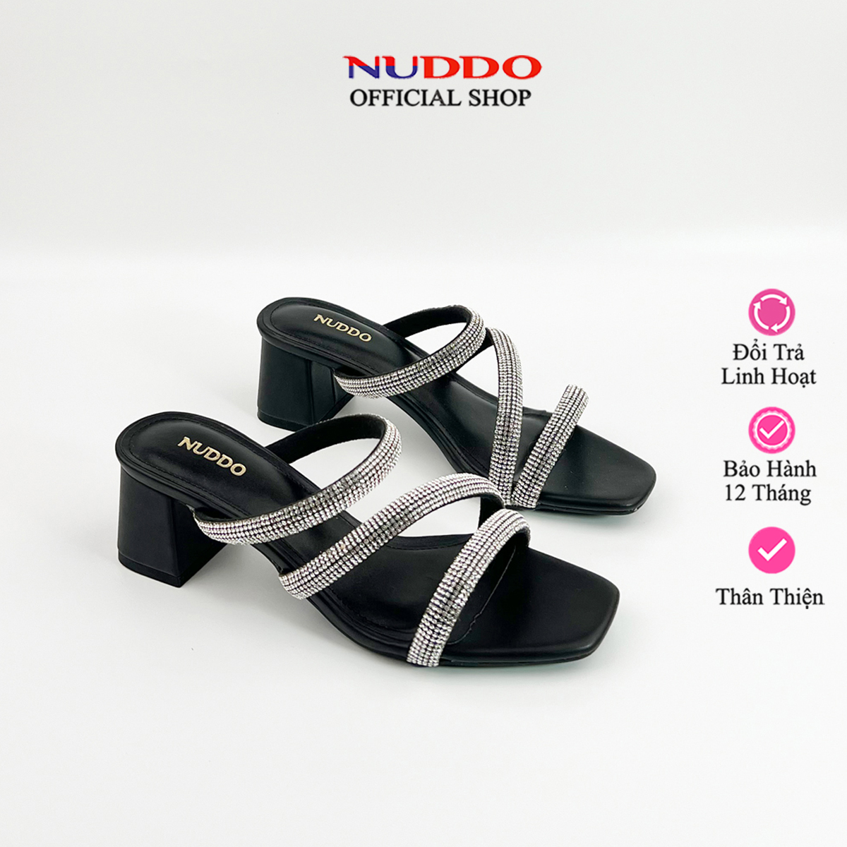 Giày sandal nữ cao gót đế vuông 5 phân, dép nữ phối quai đá 5cm thời trang nuddo n555