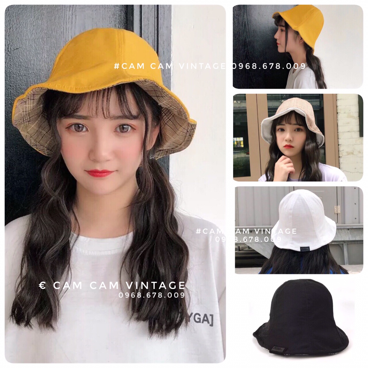 MŨ BUCKET VÀNG ULZZANG ĐỘI HAI MẶT ĐỘI 2 KIỂU ( 1 MẶT CARO + 1 MẶT MÀU )