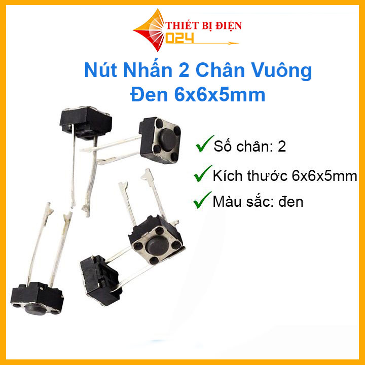 Nút nhấn 2 chân vuông đen 6x6x5mm - 1 chiếc