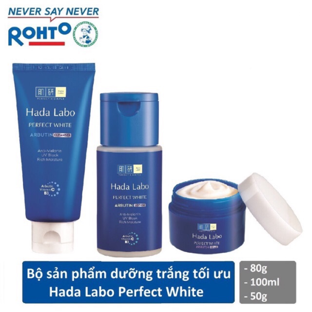 Combo bộ sản phẩm dưỡng trắng da Hadalabo Perfect White cam kết hàng đúng mô tả chất lượng đảm bảo an toàn đến sức khỏe người sử dụng