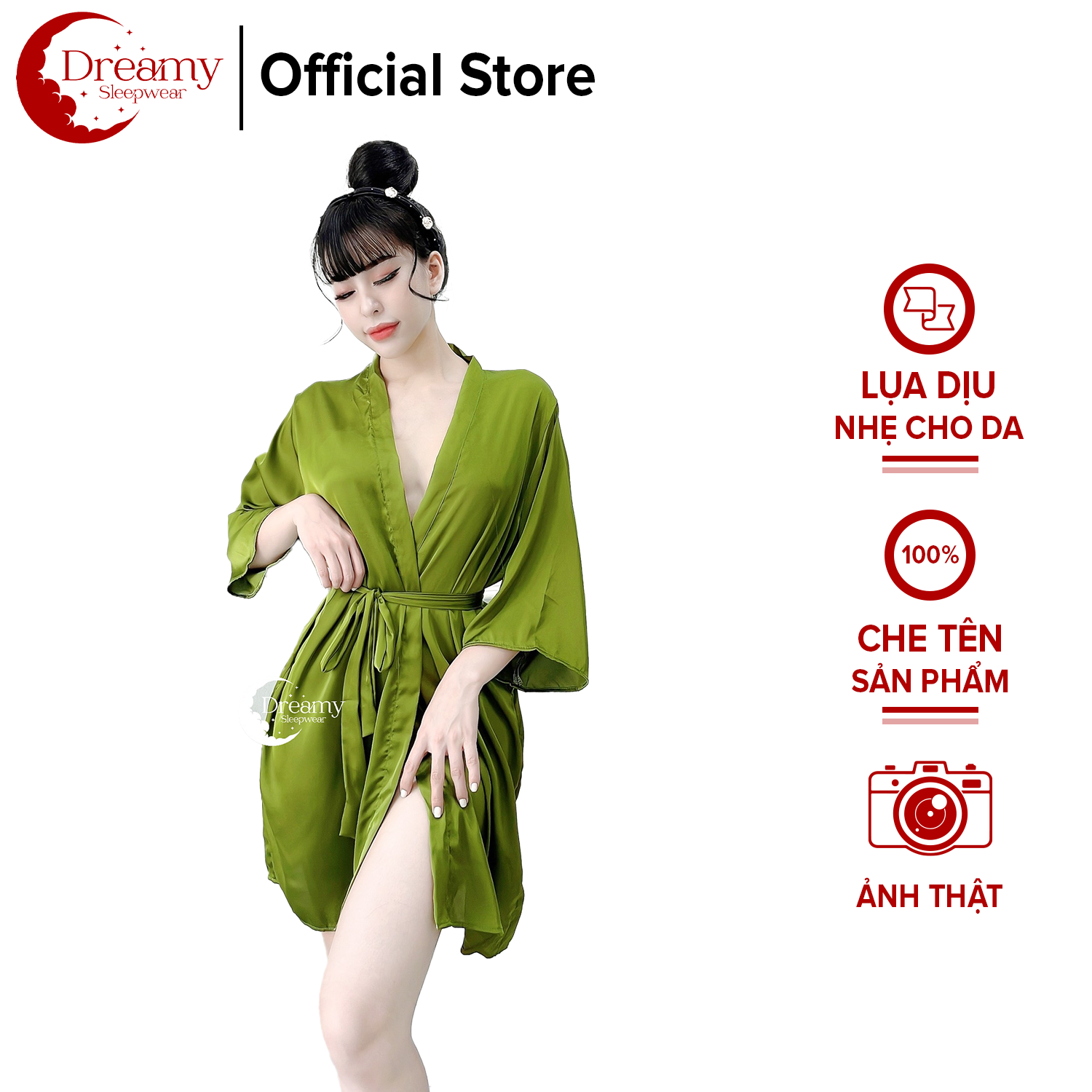 Áo choàng ngủ, áo choàng nữ, áo choàng ngủ lụa sang và thanh lịch phối viền quyến rũ dáng suông màu xanh rêu Dreamy CL05-08