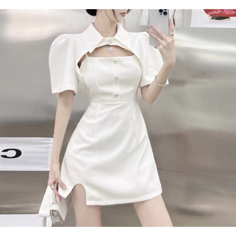 Set đầm đi tiệc hai dây phối khoác sơmi cutout ️