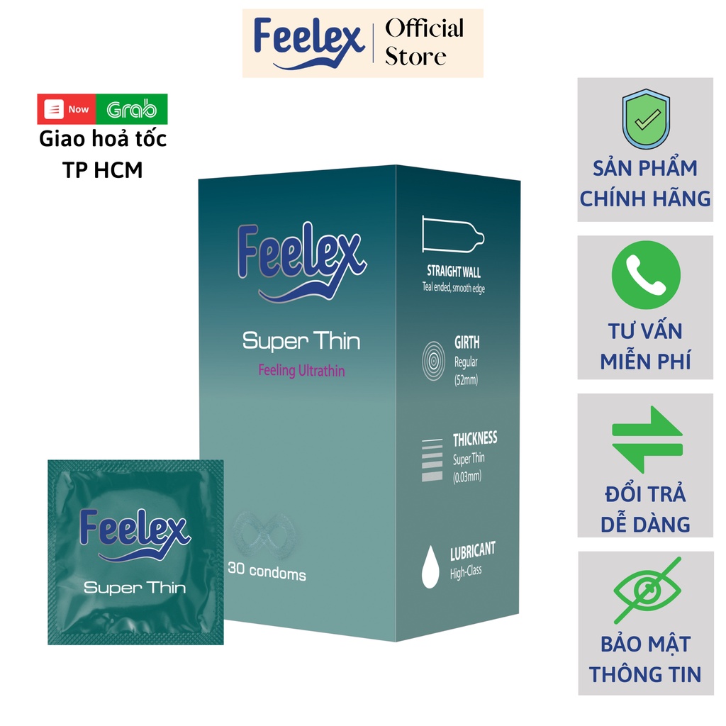 Bao cao su Feelex superthin siêu mỏng, nhiều gel bôi trơn, hương dâu - hộp 30 bcs