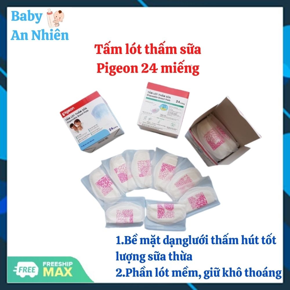 Miếng lót thấm sữa Pigeon hộp 24 miếng. Tấm lót thấm sữa Pigeon hộp 24 miếng, với bề mặt thông thoáng, giúp thấm hút lượng sữa thừa cho mẹ.