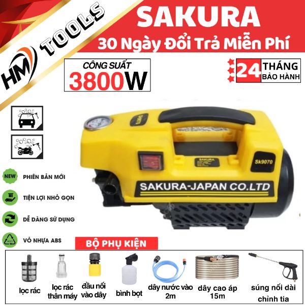 [BH 24 THÁNG] Máy rửa xe Sakura 3800W áp lực cao - Máy rửa xe gia đình Sakura áp lực cao Lõi Đồng Cực Khỏe